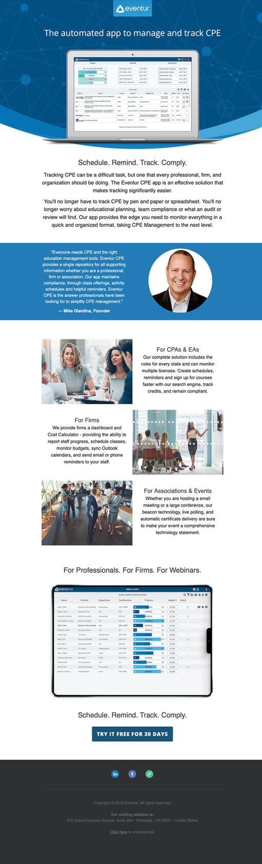 Screenshot of a long form email built for Eventur to introduce their product.