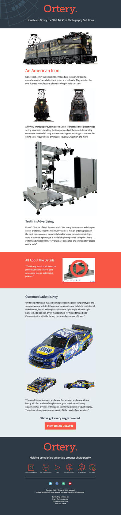 Screenshot of a long form email for Ortery to highlight their client, Lionel.