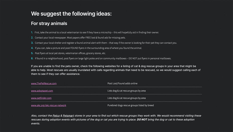 Screenshot of the Forgotten Angels Cat Rescue Pet Placement page suggestions list.