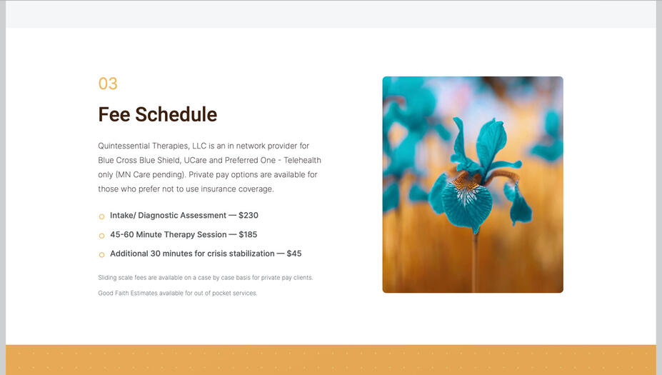 Screenshot of the available insurance options and rates on Quintessential Therapies.