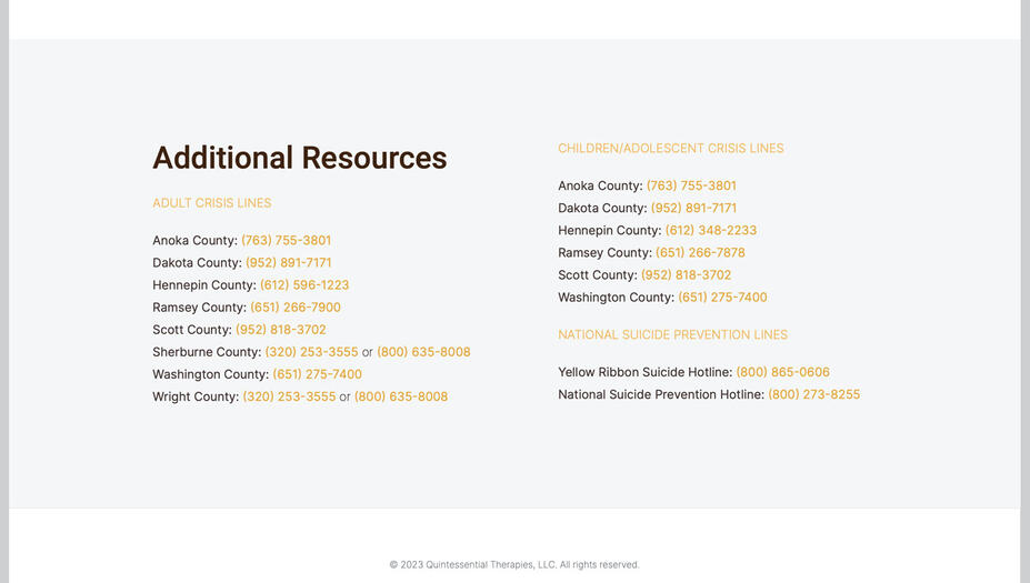 Screenshot of the links to Additional Resources on Quintessential Therapies.