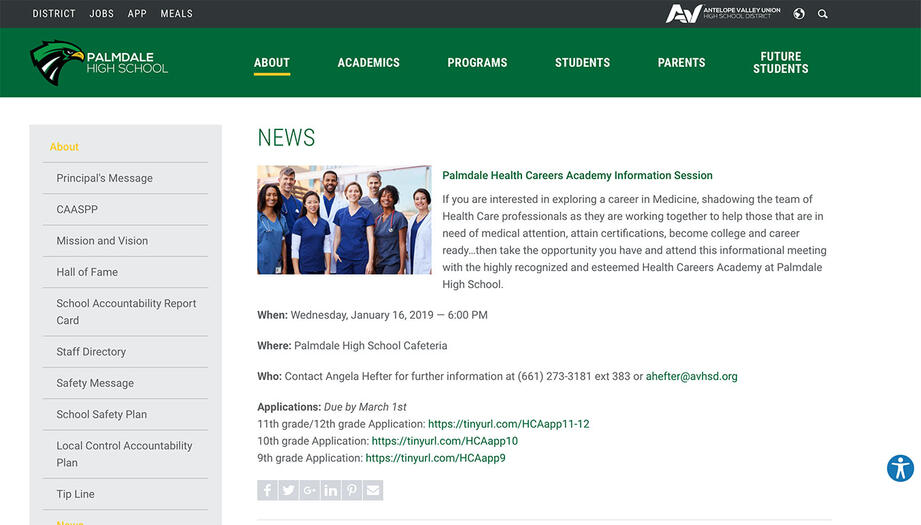 Screenshot of the Palmdale High School News page.