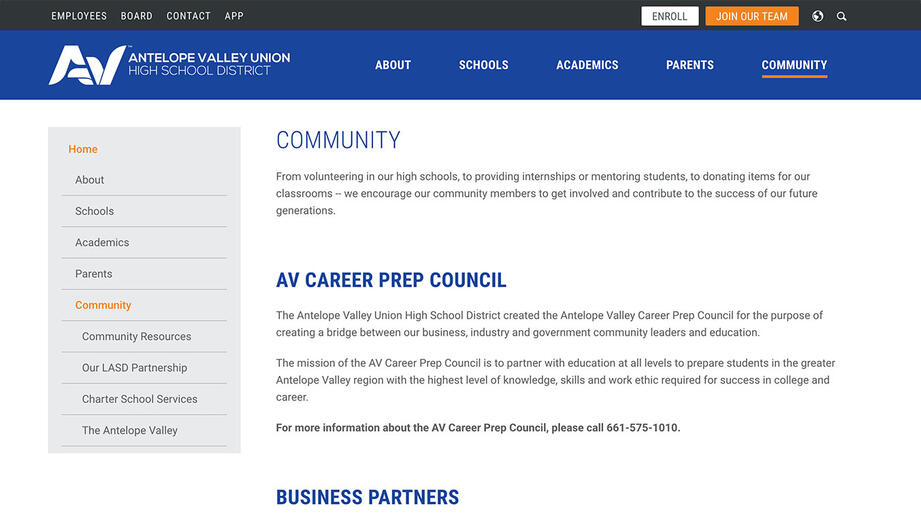 Screenshot of the Antelope Valley Union High School District website.