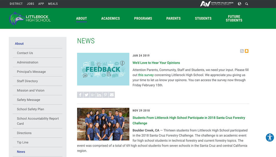 Screenshot of the Littlerock High School News page.