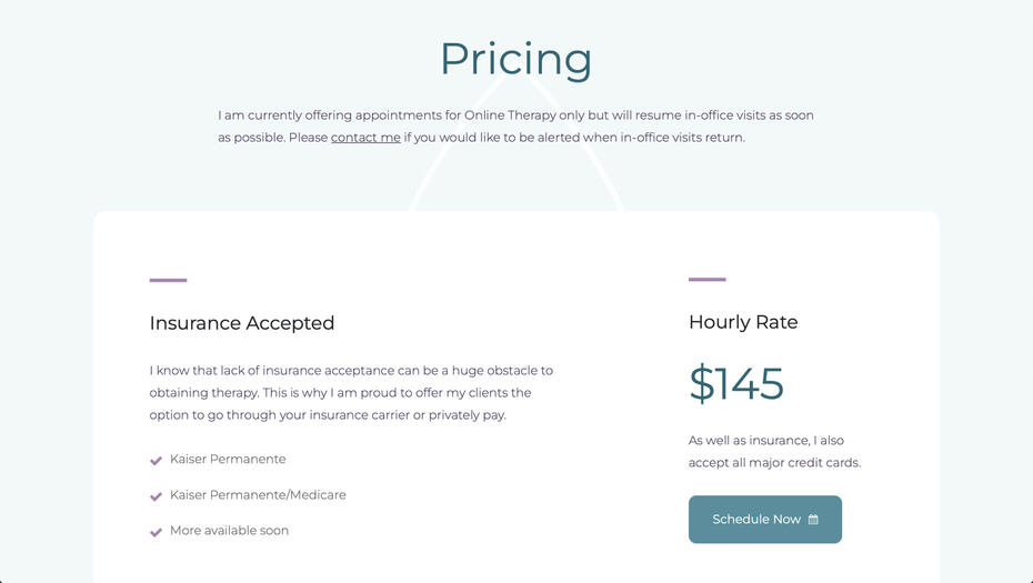 Screenshot of the Pricing section for Inner Awareness Counseling including insurance options and a pay per hour rate.