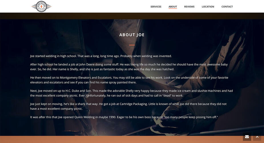 Screenshot of the About section for Quinn Welding.