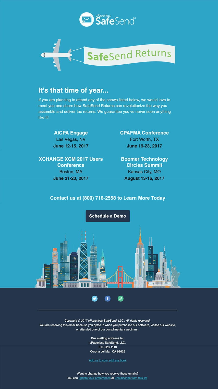 Screenshot of a SafeSend Events Calendar email.