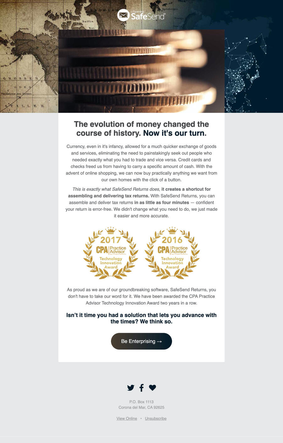 Email campaign featuring money innovation.
