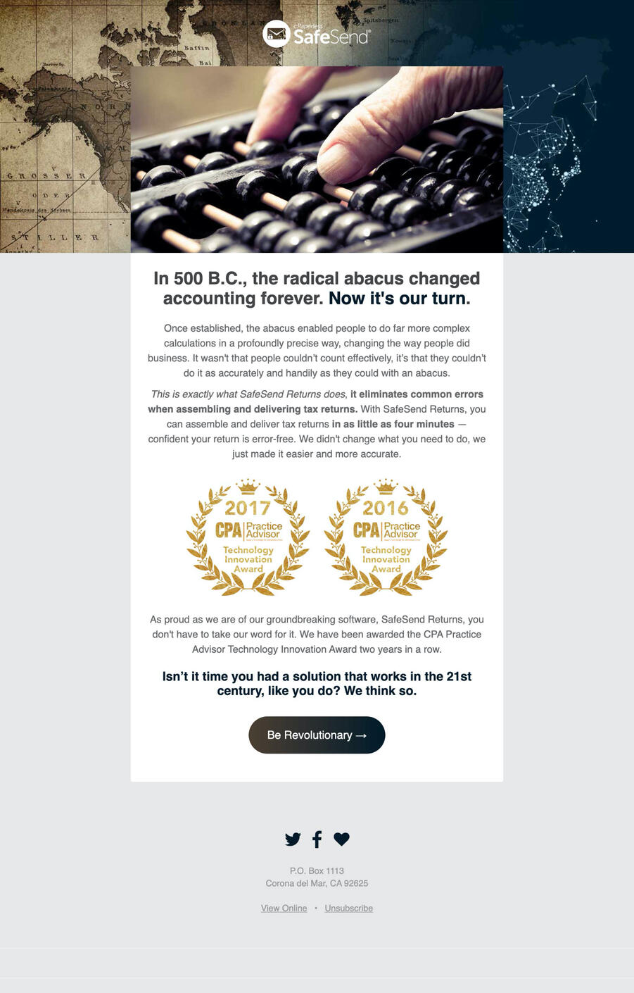 Email campaign featuring abacus innovation.