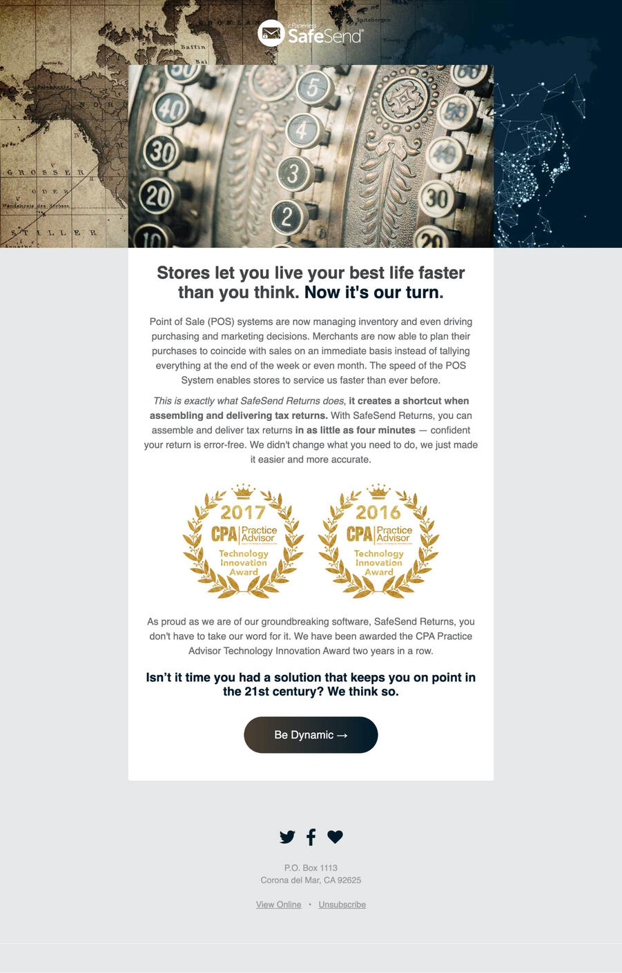 Email campaign featuring cash register innovation.