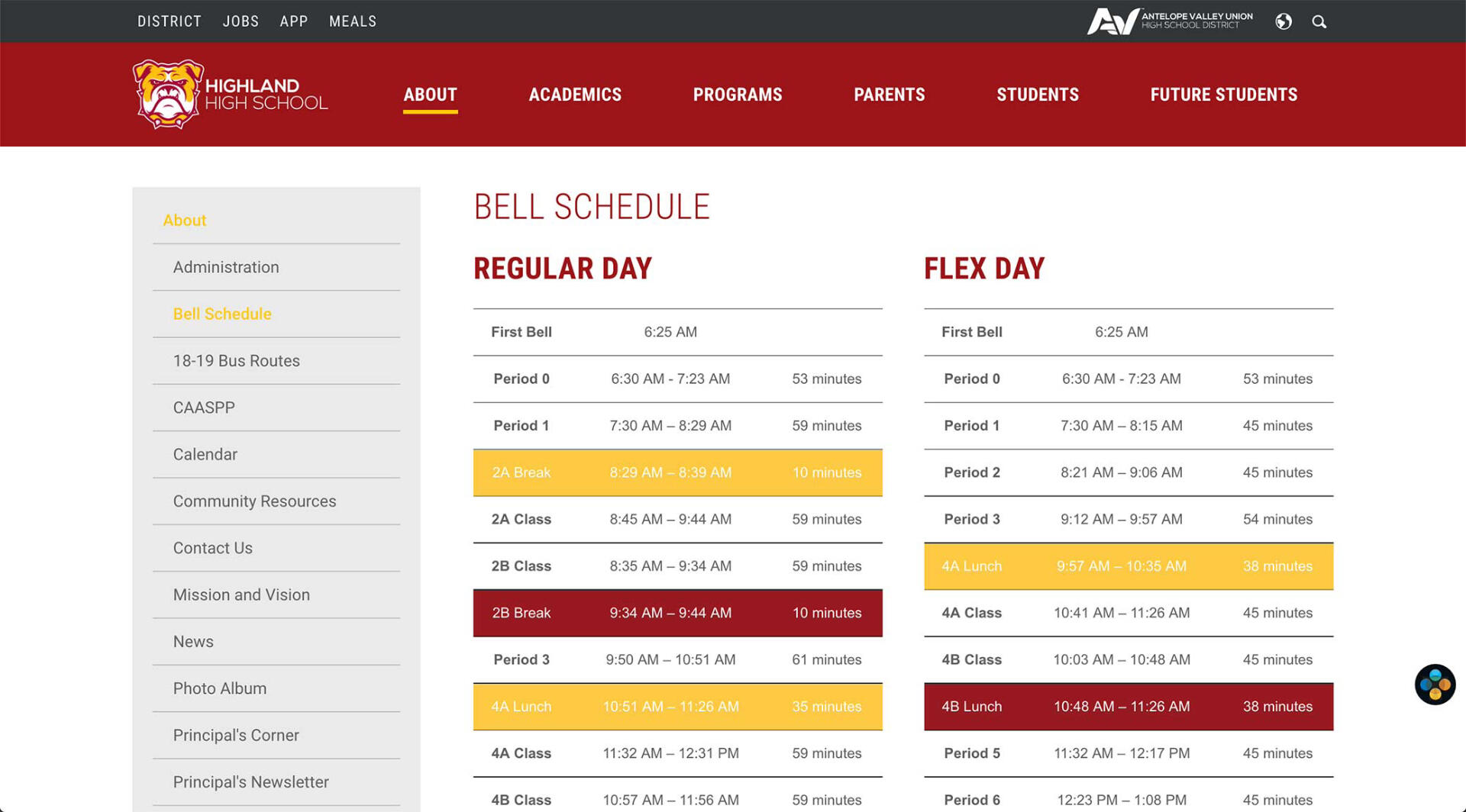 Screenshot of Highland High School's rebuilt Bell Schedule.