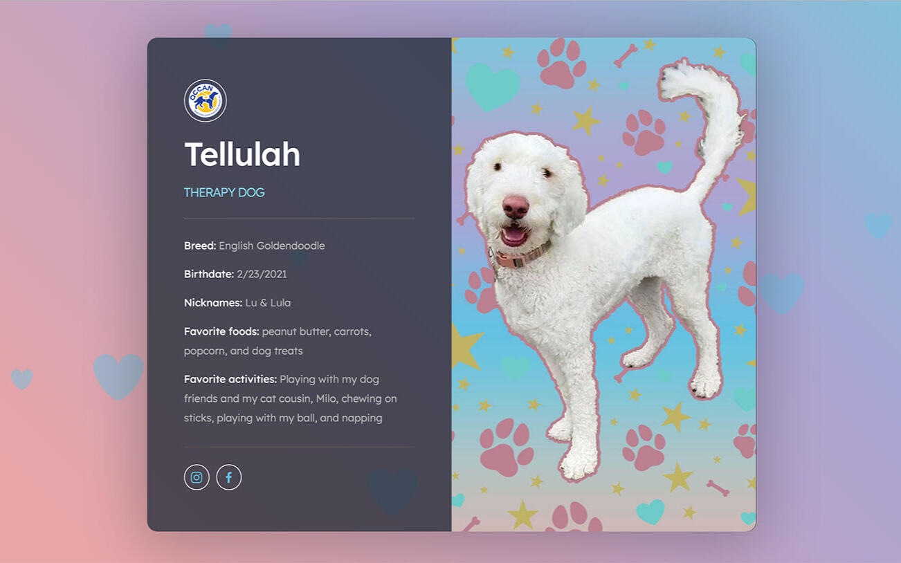 Screenshot of the Tellulah Therapy Dog online "business card."