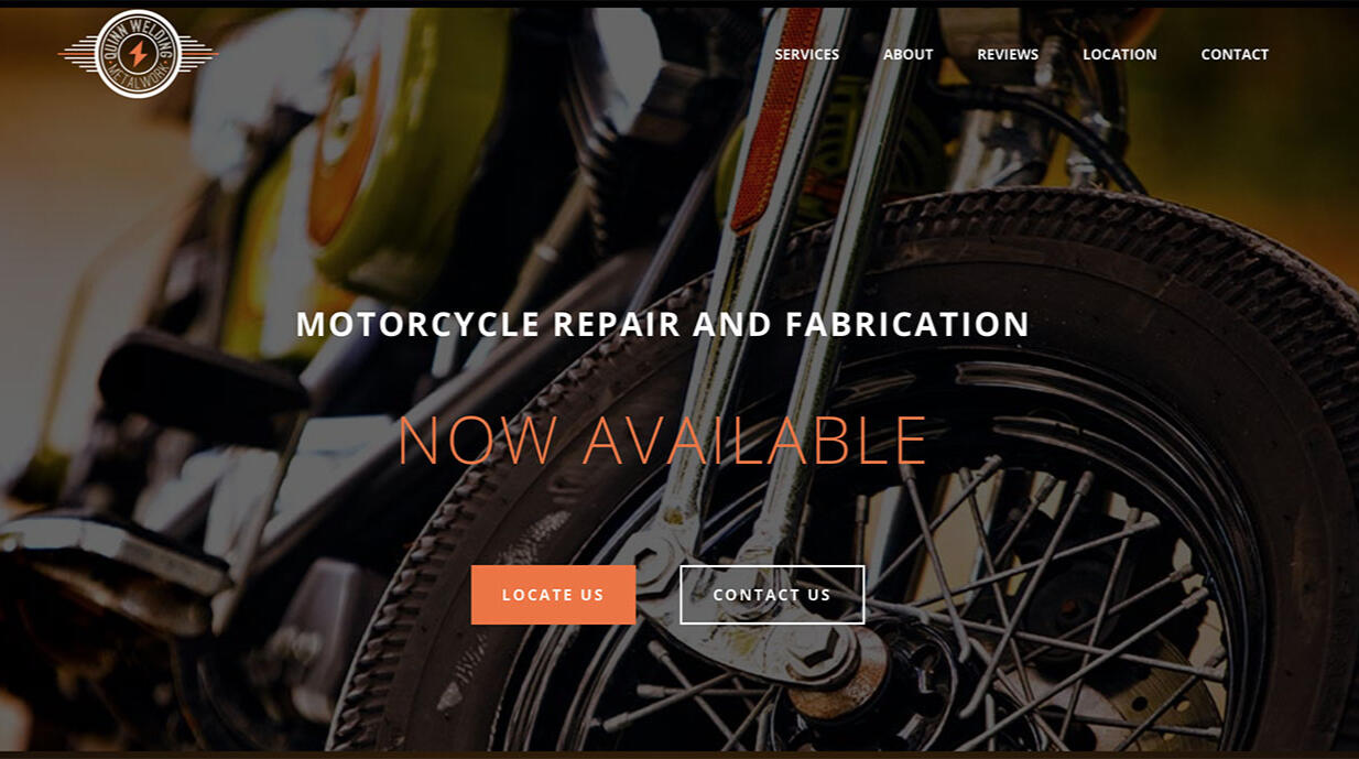 Quinn Welding website screenshot showcasing motorcycle repair and fabrication.