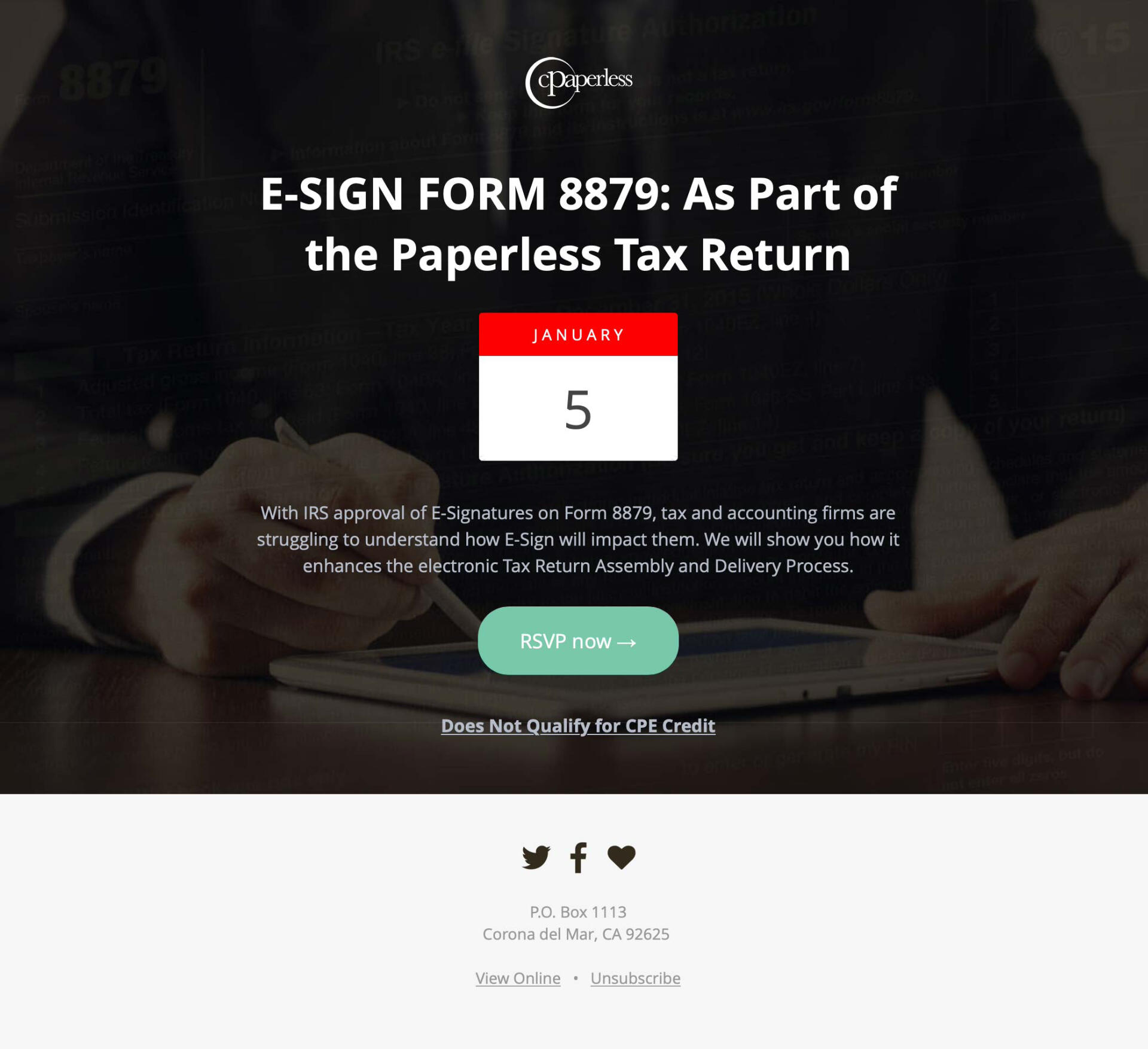 Screenshot of email featuring a E-signatures webinar for cPaperless.